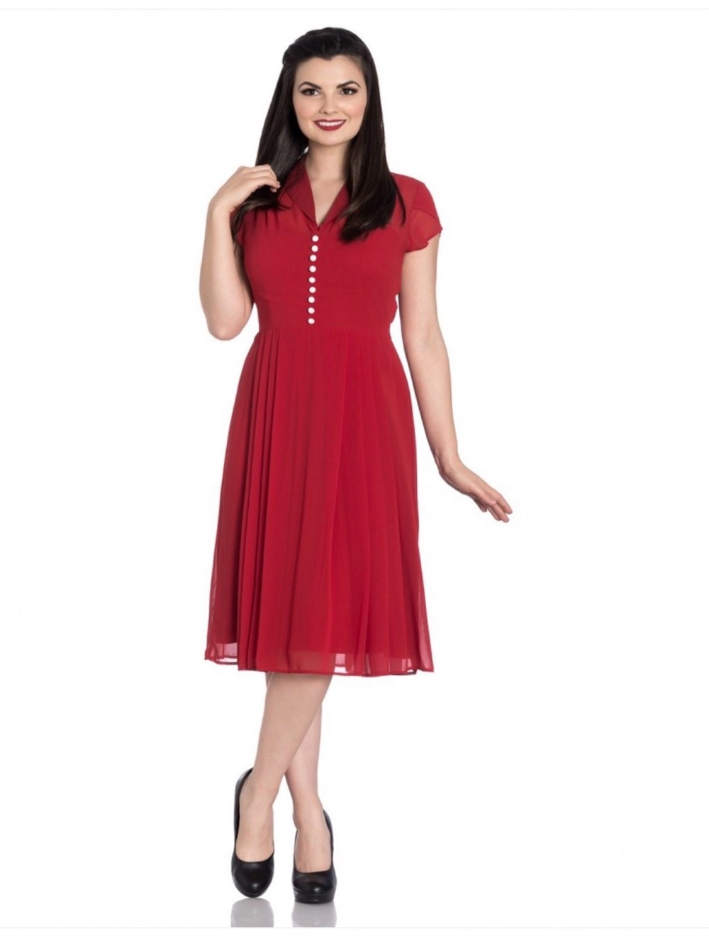New Hell Bunny Red Vintage-Inspired Midi Dress with Button Front